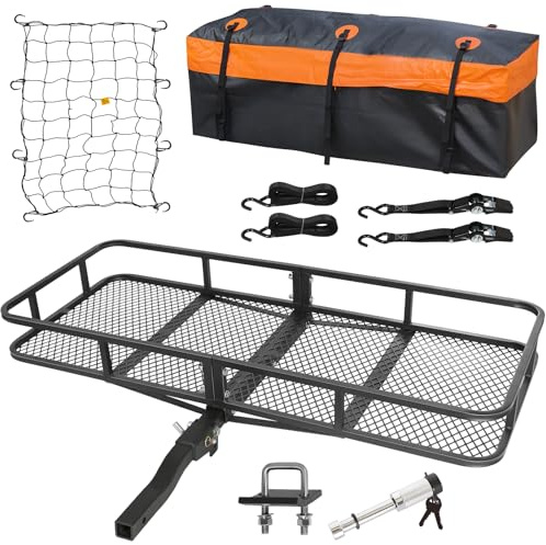 WEIZE Folding Hitch Mount Cargo Carrier 60 x 20 x 6, 500 lbs Capacity Hitch Cargo Rack with Waterproof Bag, Hitch Stabilizer,Net and Straps for SUV Pickup Camping Traveling