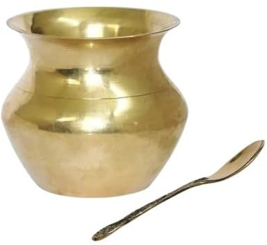 BRACOP® Brass Water Pot Lota Pooja Kalash Drinking Carafe Set of 2 Pcs Water Pitcher with Spoon Serving Utensils Mini Pot Indian Pooja Accessories Goblet Drinking Cups Drinkware Metal Mug