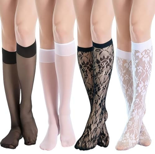 Juego de 4 pares de medias de encaje hasta la rodilla, color blanco y negro, elegante diseño de malla, estilo versátil para vestidos, faldas, pantalones cortos y tacones, talla única