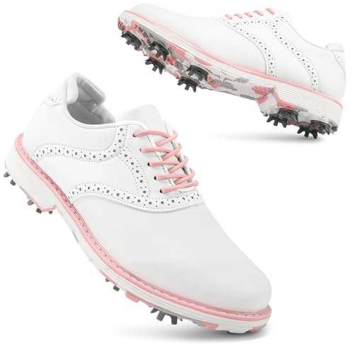Ifrich Women Professional Golf Sneakers Spikes Waterproof Golf Sports Shoes Ladies Golf Training Sneakers with Spikes, White Camou, 6 UK