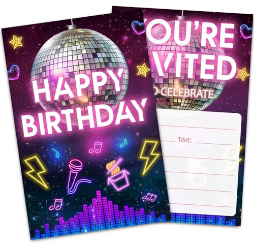 Uniizone Girls Birthday Invitations Disco, Party Invitation Cards for Girls Teens (30PACK) Neon Purple and Pink, Double-Sided Birthday Invites with Envelopes for Kids, 4x6 Inches