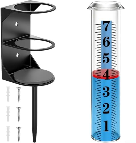 Pluviomètre d'extérieur avec mesure précise améliorée, tube en plastique transparent épais, grande échelle de police avec bande bleue et flotteur, support de montage en fonte pour jardin pelouse