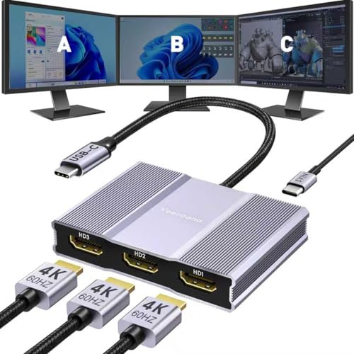 USB C to 3 HDMI Adapter with PD 100W,4K@60Hz HDMI Splitter Extended Display