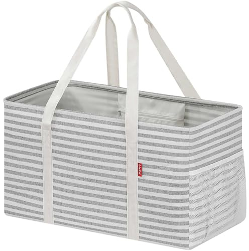 DSDCDJ Shoppingkorg, vikbar, stående shoppingväska med metalltrådram och förstärkt botten, korg shopping stor bärkorg med handtag – perfekt för shopping, picknick, strand, camping (grå)