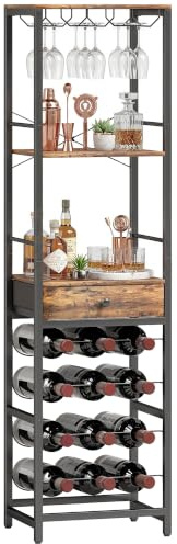 HOMCOM Casier à Bouteilles pour 12 Bouteilles 40x30x148 cm Brun Rustique | Casier à Vin avec Étagère Ouverte et Tiroir, Style Industriel, Étagère à Vin en Métal, pour Cuisine, Salon, Bar
