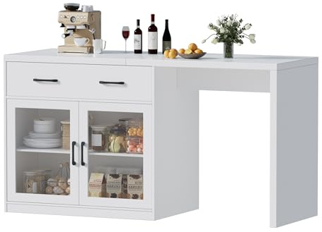 MSFE Isola da Cucina 150cm, Penisola Cucina Piano Lavoro con Spazio di Archiviazione, Isola Cucina con Tavolo, Armadio Multiuso come credenza, tavolo da bar per cucina, Bianco