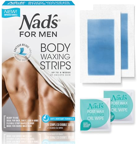 Nad's For Men Ready to Use Body Wax Strips, Wax Strips Men, Mens Hair Removal, Includes 20 Waxing Strips & 2 Post Wax Calming Oil Wipes, 20 Count (Pack of 1)