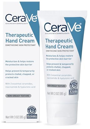 CeraVe Therapeutic Hand Cream for Dry Cracked Hands With Hyaluronic Acid and Niacinamide, Fragrance Free 3 Ounce