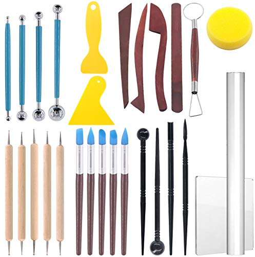 Glarks Set di 28 strumenti per scolpire l'argilla, include strumenti di modellazione in plastica, strumenti a doppia estremità, penna a sfera, penne con punta in silicone e coltelli da scultura per