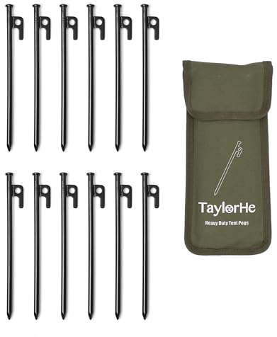 TaylorHe EXTRA STRONG TENT PEGS Pack of 12 Black 25CM 10inch Heavy Duty Metal Steel Tent Pegs Stakes Peg with Strong Canvas Pouch for Outdoors Travelling Hiking Camping