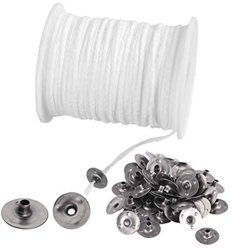 61m Kerzendocht, Docht Rauchfrei Kerzen Docht mit 100 Stück Kerzendochthalter Candle Wick Kerzendochte Dochte für Weihnachtendeko Basteln Kerzen Hochzeit DIY Duftkerzen Weihnachten(Weiß)