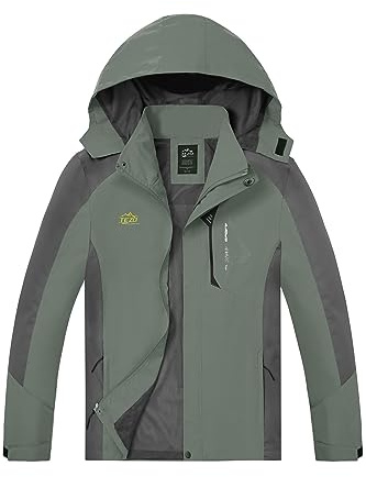 TEZO Mens Rain Jacket Waterproof with Hooded Hiking Coat Lightweight Windbreaker(AG/GY XL)