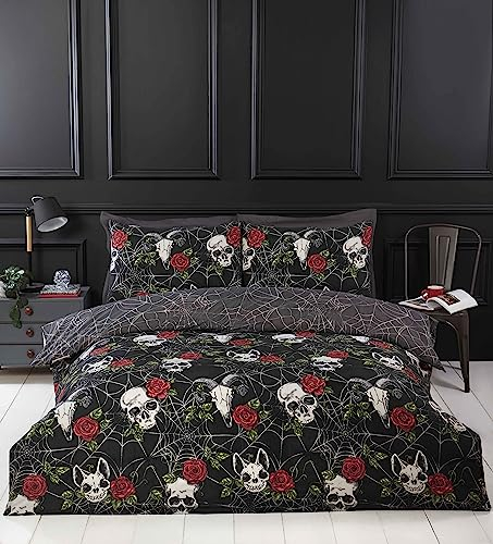 Rapport Home Black Duvet Cover Set with Skulls & Roses, Halloween Themed Microfiber King Bedding Set