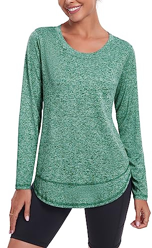 Deaviya Womens Long Sleeve Sports Tops UK, Sport Yoga T-Shirt Workout Running Tops, Crew Neck Quick Dry Golf Activewear Ladies Gym Sports Top, M,Green