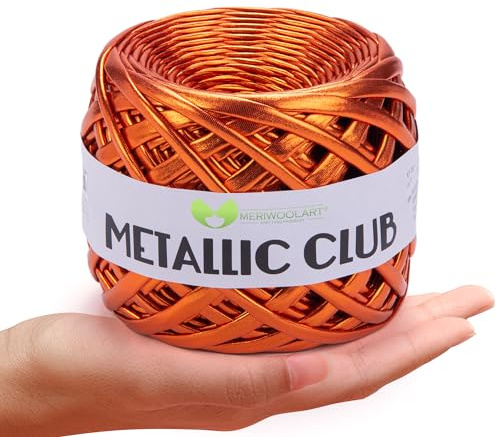 MeriWoolArt Premium metallic T-Shirt-garn, högkvalitativ polyester, läderutseende, stickgarn, 6–8 mm x 55 m garn textil, glänsande tillbehör