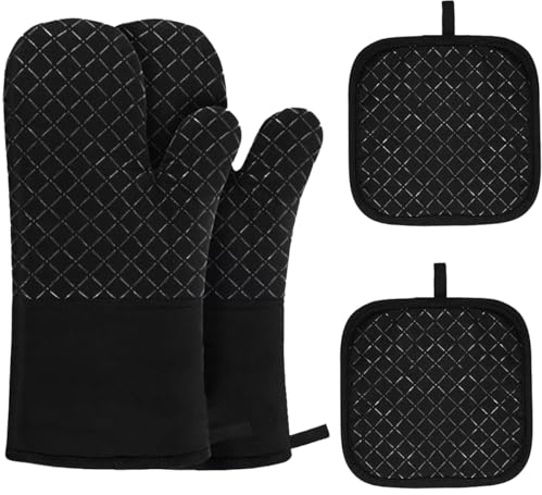 Treadstar Ofenhandschuhe，Backhandschuhe Ofenhandschuh Topfhandschuhe, Kochhandschuhe mit Rutschfestem 300°C Hitzebeständige，Schwarz topflappen Set topflappen handschuh