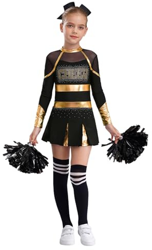 Linjinx Kids Girls Cheer Leader Costume Halloween Cheerleading Long Sleeve Crop Top Skirt and Pom Poms Stocking Hair Tie Gold&Black A 10 Years