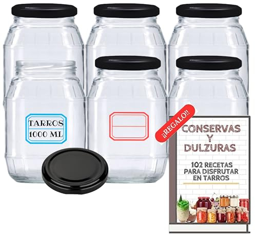 6 Tarros de Cristal de 1000ml con Tapas + Ebook con 102 Recetas para Conservas - Botes de 1 Litro con Tapa de Rosca - Cierre Hermético para Alimentos Caseros - Incluye Etiquetas (Tapas Negras)
