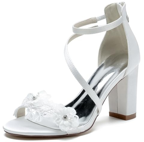 MINITOO Cómodo Zapatos de Boda Mujeres Tacón Grueso Novia Noche Formal Sandalias con Flor MY124, My124 Blanco 8 5cm Tacón, 40 EU