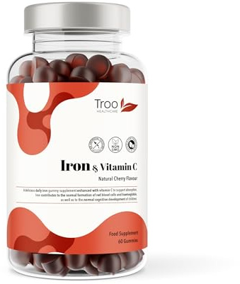 Troo Health Care Iron & Vitamin C - 60 Natural Cherry Flavour Gummies - Tasty Chewable Supplement for Men, Women and Kids - Increased Absorption Supports Cognitive & Red Blood Cell Formation
