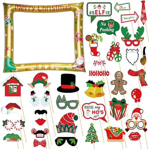 Gold Christmas Inflatable Selfie Frame Inflatable Photo Booth Frame with 32Pcs Photo Booth Props,Xmas Inflatable Picture Frame Blow Up Party Prop Kit for Kids Adults Christmas Party Games Accessories