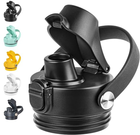 Diumepo Auto Spout Lid for YETI Rambler Bottles, Replacement Lids for Yeti 12oz 18oz 26oz 36oz 64oz Water Bottle, Water Bottle Cap for YETI Rambler, Flexible Handle (Black)