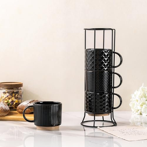 GBhome 12 OZ Stackable Coffee Mugs Set of 4, Ceramic Black Coffee Cups Set