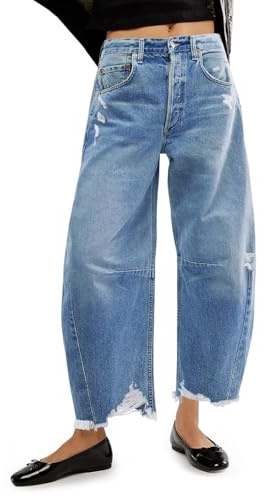 Cicy Bell Womens Baggy Barrel Jeans Cropped Boyfriend Wide Leg Raw Hem Denim Pants Light Blue,10