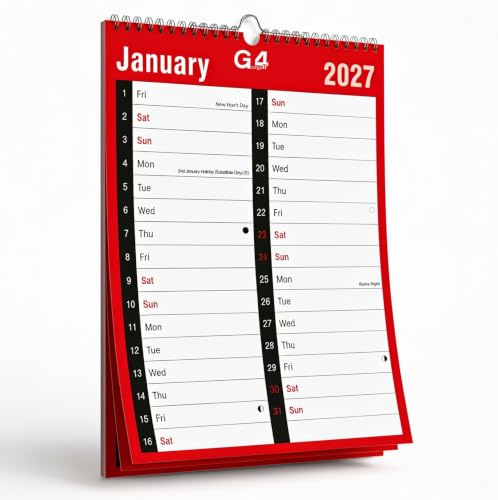 G4GADGET 2026 A3 Month to View Wall Calendar – Large 2 Column Spiral Bound Planner with UK Holidays | Red & White Hanging Monthly Organiser for Home, Office, School & Business