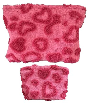 Trousse De Toilette | 2 Pièces Mignons Coeurs en Peluche Organisateur Cosmétique,Rangement Étanche avec Fermeture Éclair pour Femmes Soins Crayon Travail École | Nécessaire