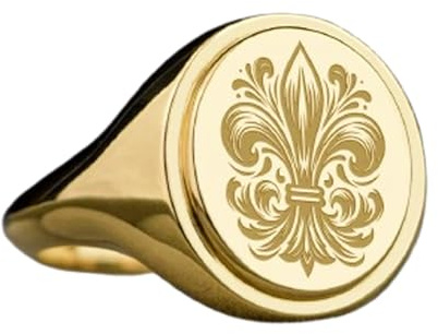 LKBEADS Fleur de Lis i 925 sterlingsilver | guldpläterad ring | oval form, 15 x 13 mm, sigillring | bandstorlek US 5–12,5, avelaibal | LKDR_0644