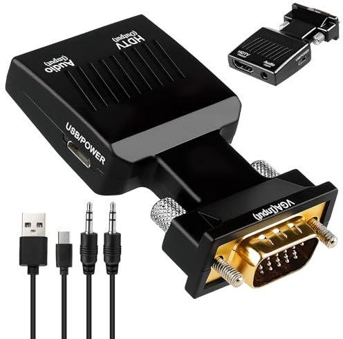 Pmqs Adaptador VGA a HDMI Convertidor VGA Macho a HDMI Hembra 1080P 60Hz con 3,5mm Audio y Cable de Alimentación para PC Computadora Portátil a Monitor Proyector TV