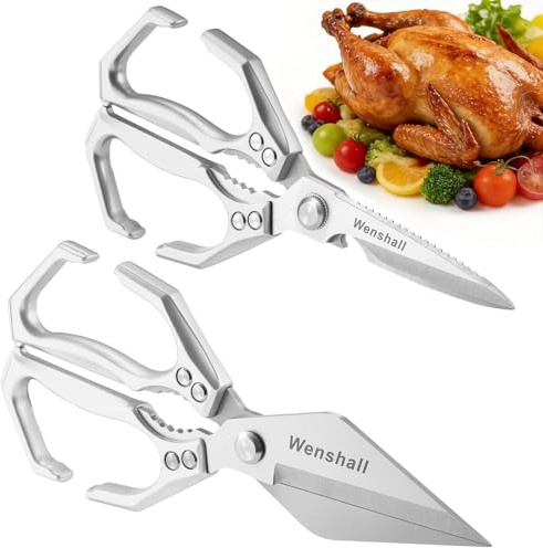Wenshall 2-Pack Heavy Duty All-Purpose Kitchen Scissors, Stainless Steel, Kitchen Shears for Cutting Chicken, Poultry, Game, Meat - Chopping Vegetable, Dishwasher Safe,Christmas Gifts（Silver）