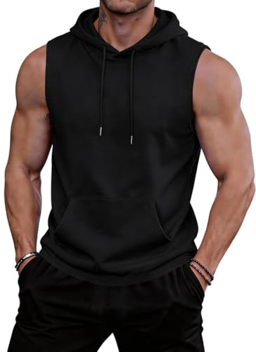 OLIPHEE Debardeur Homme à Capuche Tee Shirt sans Manche Homme Tank Top Sportswear Veste avec Poche Kangourou Débardeur Hommes Sport Fitness Musculation Gym Vacance A-Noir S (s)