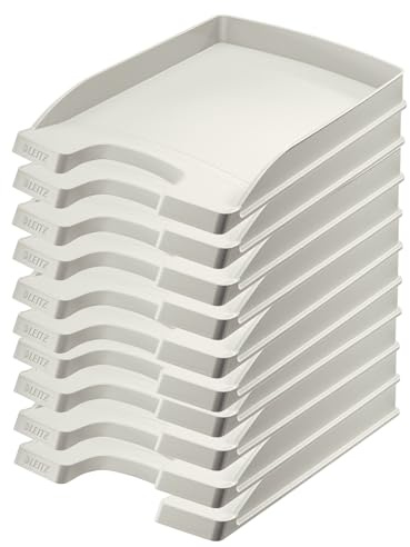 Leitz Briefkorb Flach A4, 10er Pack, Briefablage in Premium-Qualität, Stapelbares Ablagefach als Schreibtisch-Organizer, Kombinierbar mit Plus-Serie, Grau, 52370085