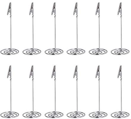 Place Card Table Number Holders - Small Metal Stands with Clips - Ideal for Memos, Food Labels, Weddings, Birthday Parties and Receptions - Silver (12-Pack)