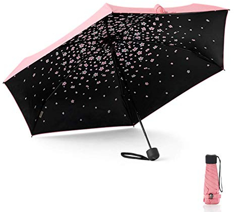 Meiyijia Kompakt und faltbar, UV-Schutz, tragbar von Voy, Mini Lady Regenschirm – manueller Schalter – Rosa – Kirschblütenmotiv – auseinandergeklappt 90 cm, 90 cm, Feminin