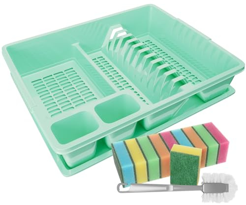 WELLGRO Abtropfgestell aus Kunststoff mit Reinigungsbürste und 10 Schwämmen - 44x35x9 cm (LxBxH) - Schale Geschirrkorb Abtropfkorb Abtropfgitter für Spüle Made in Europe, Farbe:Mint