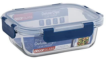 Décor Deluxe Clips Glass Food Storage Container, BPA-Free Airtight & Leakproof Lid Storage Container, Dishwasher, Freezer & Microwave Safe, Odour Resistant Glass Jar, 630ml