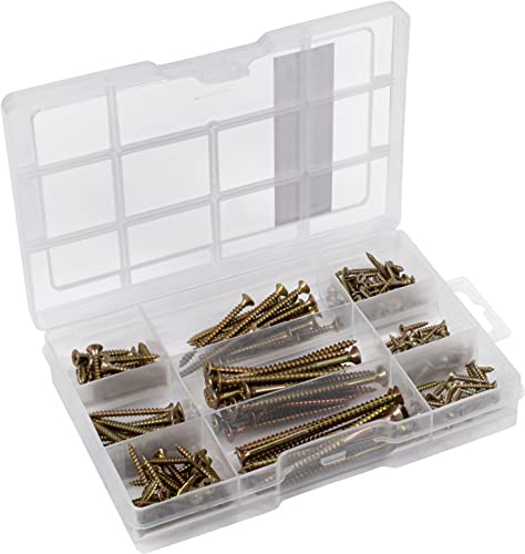 Connex Tornillos universales surtidos 245 piezas – Varios tamaños – Cabeza avellanada – PZ Pozidriv Drive – Rosca completa y parcial – Amarillo galvanizado/Juego de tornillos/Caja Surtida /