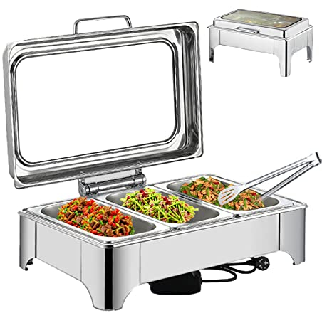 fikujap Buffet di Cibo più Caldo, Piatto da sfregamento Alimentare Acciaio Inossidabile Elettrico Inossidabile 220V 440 V, Copertura in Vetro Idraulico Completo Coperchio al di sotto di 90 °,1/3