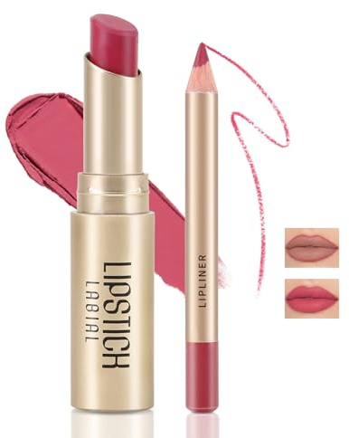 Boobeen 2 Pcs Lip Liner und Lippenstift Set, Ultra Long-Lasting Nackt Matt LipLiner Creme Lippenstift Wasserdicht Lippenfarbe