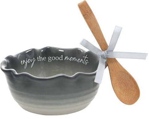 Pavilion Gift Company - Enjoy The Good Moments - 4.5 Ceramic Bowl With Bamboo Serving Spoon Neutral Ombre Kitchen Serveware Housewarming Gift Hostest Host Present