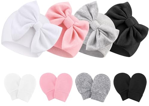 AQOKKA Newborn Baby Hats and Mittens Set Infant Bow Beanie Cap Toddler Gloves Newborn Hospital Hats for Baby Boy Girl Kid 0-6 Months