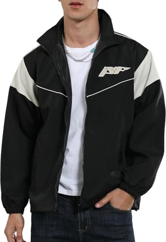 Yimoon Men's Lightweight Windbreaker Jacket Casual Zip Up Outdoor Varsity Jacket Patchwork Vintage Y2K Outerwear(Black-Large)