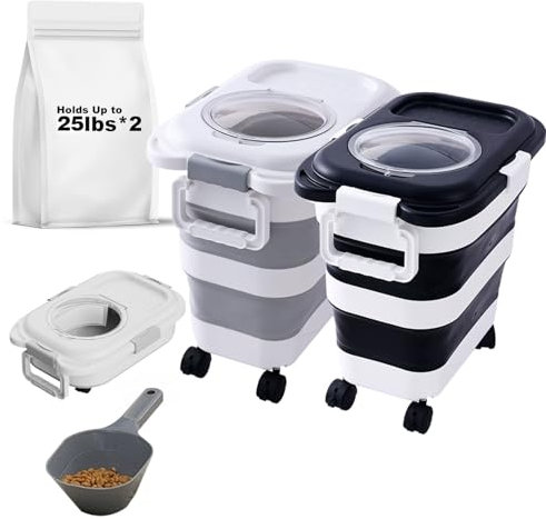 SEWIU 2pack 25 lbs Dog Food Storage Container,Collapsible Dog Food Container with Scoop,Pet/Dog/Cat/Bird Food/Cat litter Storage Containers to Keep Dry,Easy to Move.(Black+white)