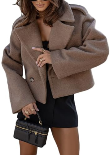 Onsoyours Giacca in Tweed da Donna Revers Corto Blazer Trenchcoat Autunno Inverno Elegante Parka Outwear Bottoni sul Davanti Cappotto A Marrone L