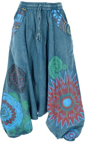 GURU SHOP Haremshose, Stonewash Pluderhose, Pumphose, Aladinhose - Petrol/bunt, Damen, Baumwolle, Size:S/M