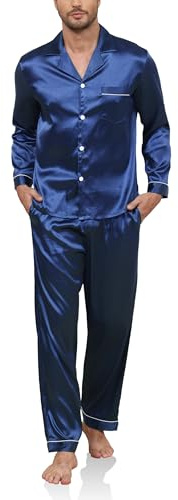 Reliwel Pijama Hombre Satén Pijama de Seda para Hombre Manga Larga con Botones y Pantalones Largos Ropa de Descanso Conjuntos de 2 Piezas Mangas Largas - Azul Marino, L