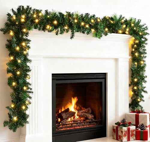 10m Girlande Weihnachten Beleuchtet Outdoor, Weihnachtsgirlande mit Beleuchtung, Beleuchtete Künstliche Tannengirlande Türgirlande mit 200 LEDs, Weihnachtsdeko Girlande für Innen Außen
